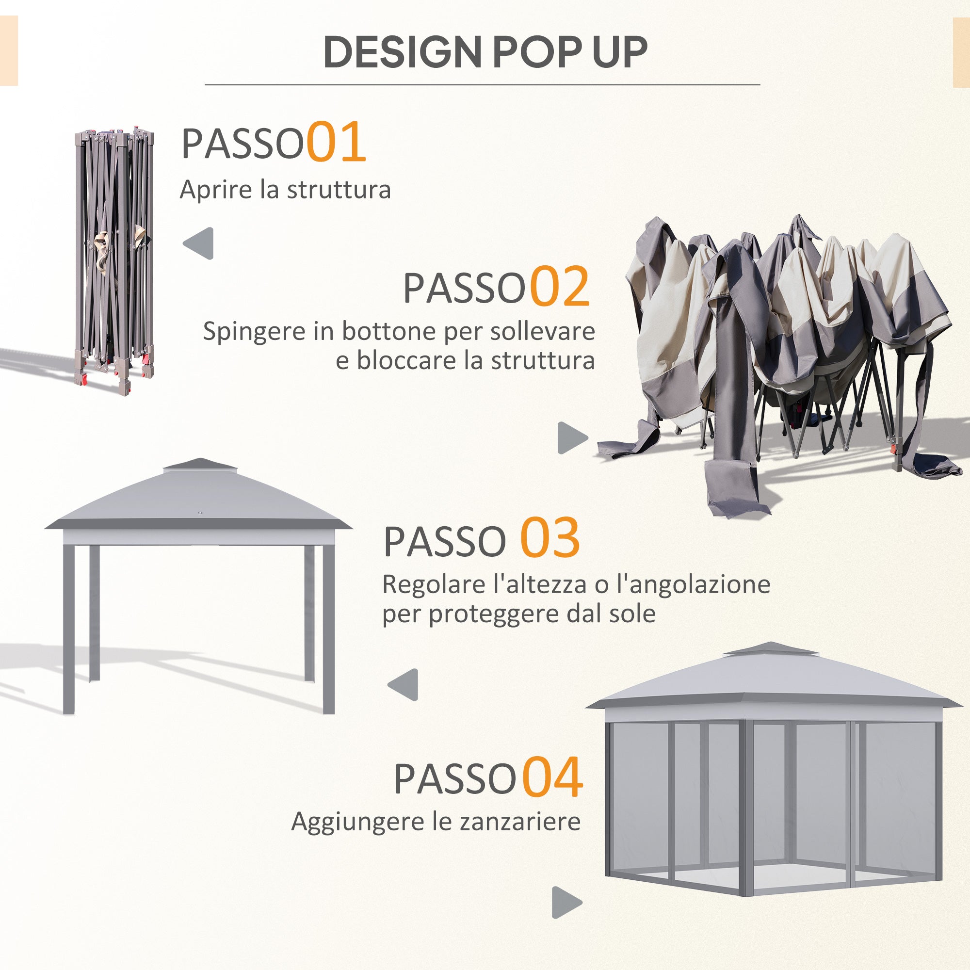 Gazebo da Esterno 330x330x280 cm Pieghevole ad Altezza Regolabile con Zanzariere Grigio