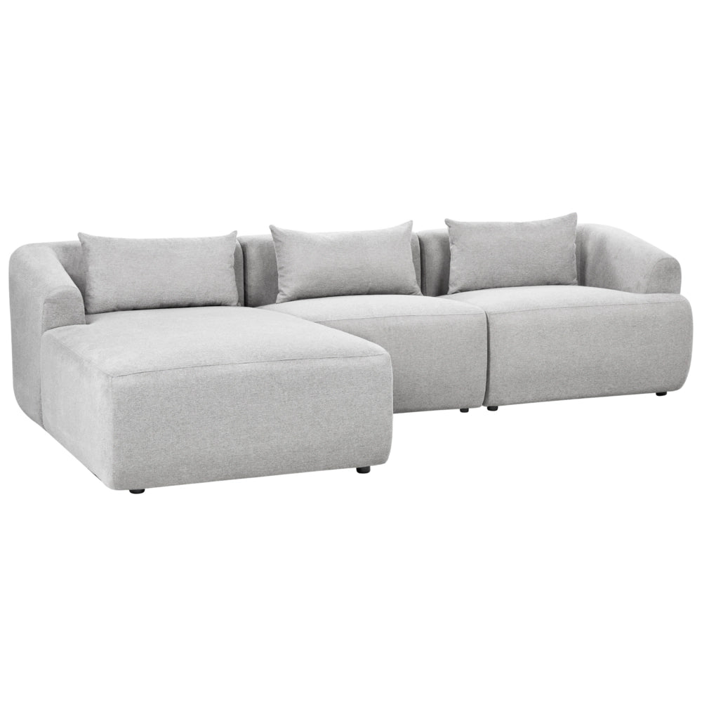 Divano angolare a 3 posti a destra Tessuto grigio Braccioli imbottiti a binario Cuscini aggiuntivi Stile moderno minimalista