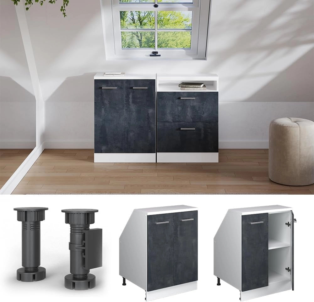 Mobile sottotetto Rion, Calcestruzzo nero, 60 x 81.6 cm con 2 porte, carcassa 60 cm profondità, adatto per il salvaspazio sotto tetti spioventi