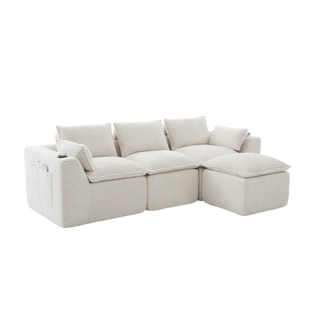 Divano modulare a 3 posti con pouf; tasche laterali; in corduroy beige 256x161x75 cm