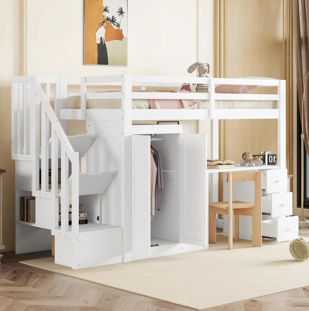 Letto a soppalco 90x200 cm con scrivania e armadio, bianco