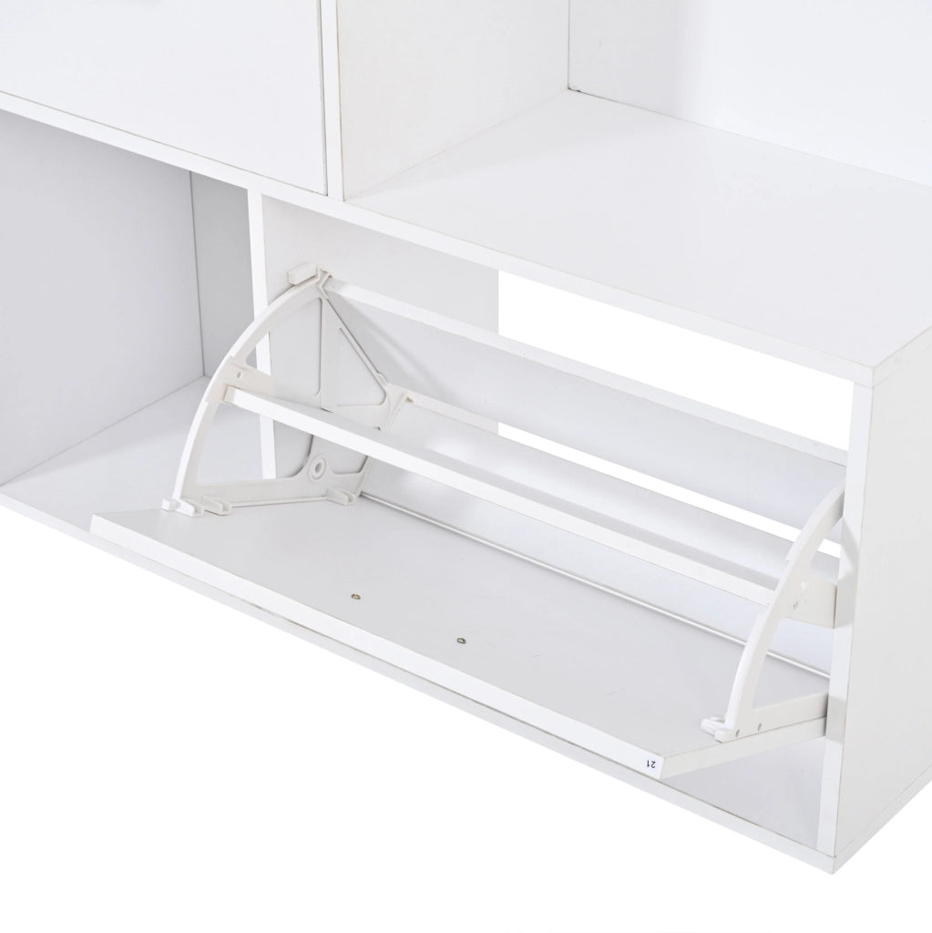 Garderobiera con specchio; 2 cassetti; 3 ganci e scarpiera ribaltabile 90x30x180 cm; bianca