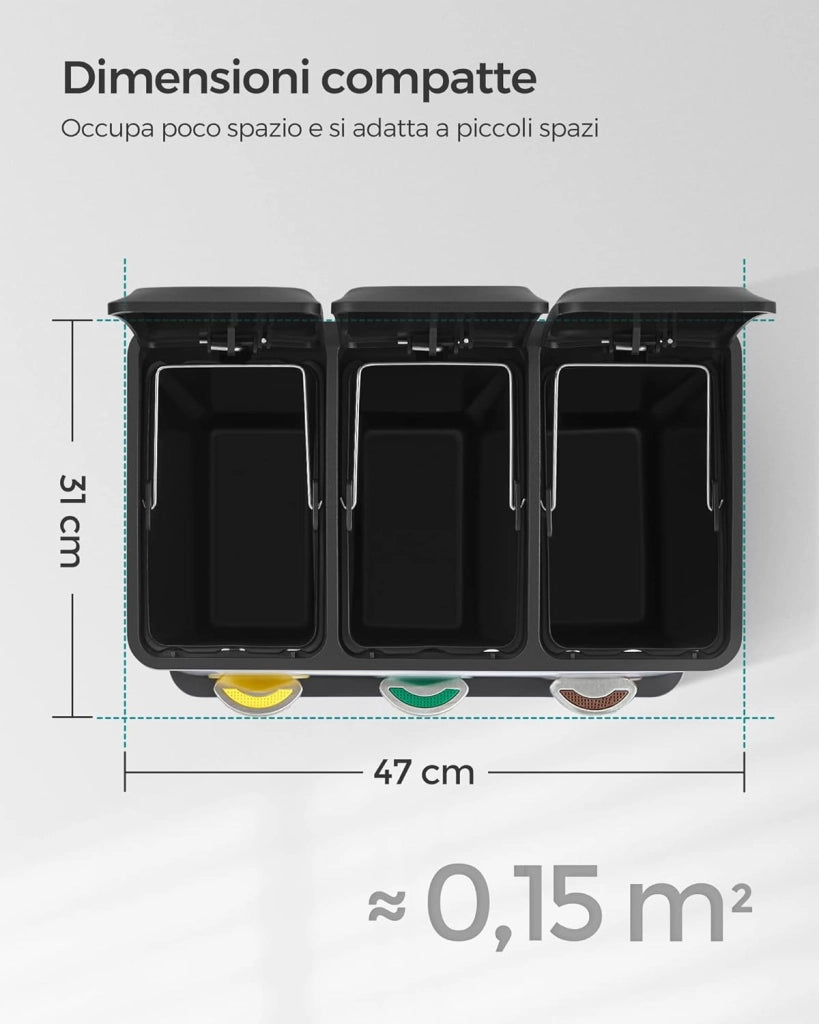 SONGMICS Cestino per Rifiuti da Cucina, 3 x 8 L Pattumiera Differenziata Piccolo Volume, Cestino Triplo in Acciaio, Pedali e Secchi Interni, Facile da Pulire, Argento e Nero LTB24L