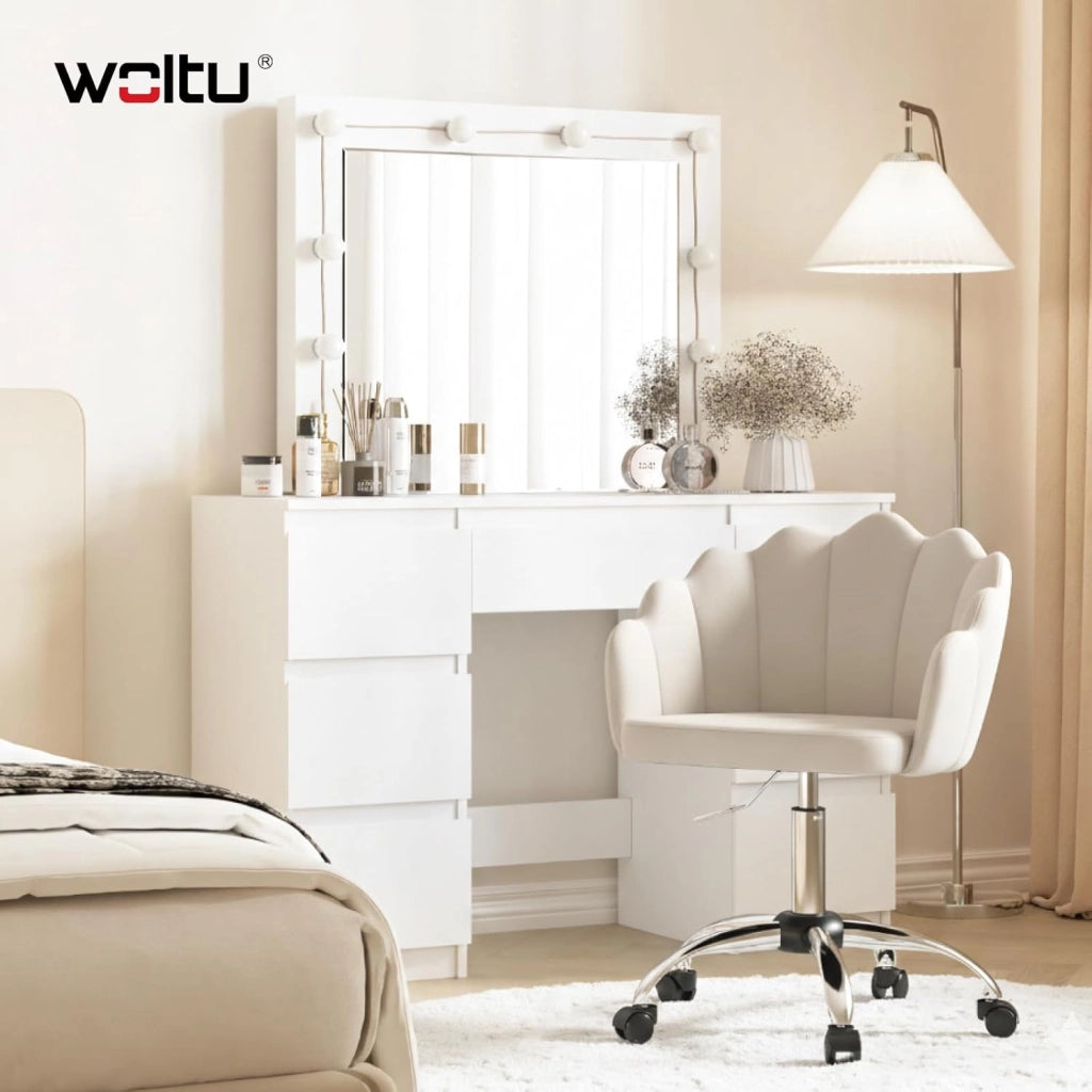 Sedia da Trucco con Schienale a Petalo, Sedia Ufficio con Braccioli e Rotelle, Poltroncina Girevole, Altura Regolabile, Velluto, Crema