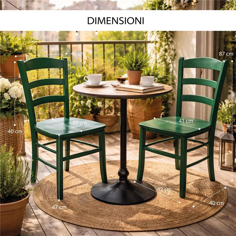 SET 2 SEDIE PAESANA IN LEGNO CON SEDUTA COMPATTA E SCHIENALE ALTO H 87 X L 45 X P 40 CM COLORE VERDE