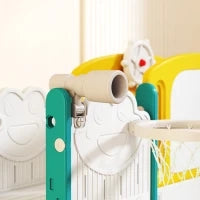 Set scivolo 7-in-1 per Bambini, con Cestino da Basket, Parete da Arrampicata e Altalena, per Interni ed Esterni, Giallo e Verde
