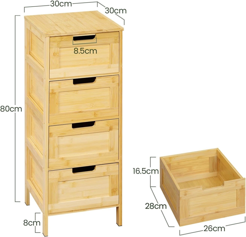 Mobile da Bagno Freestanding in Bambù con 4 Cassetti, Mobiletto per Soggiorno, Studio, Camera da Letto, 30x30x80cm, Colore Naturale del Bambù