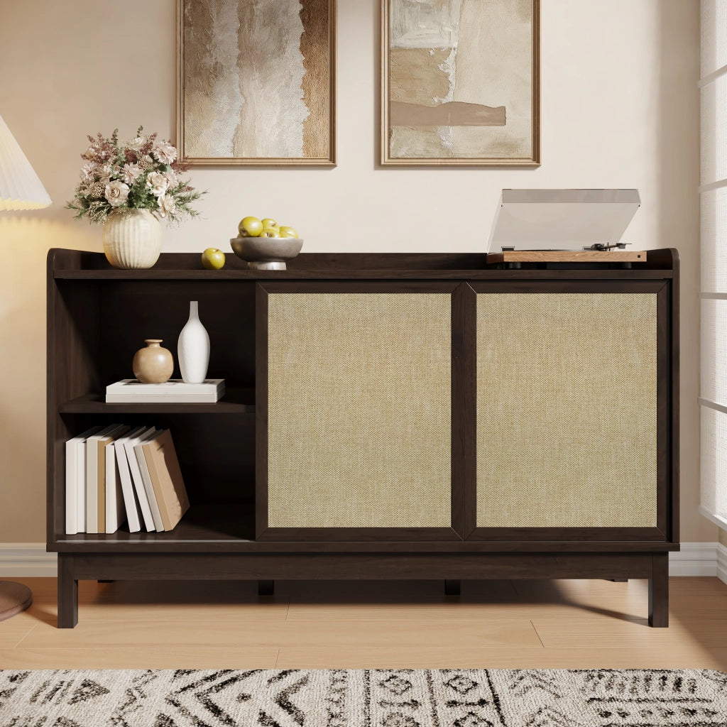 Credenza con 2 Ante Scorrevoli e 2 Cassetti; Ripiani Regolabili; Stile Retr??; in Pannello Truciolare; Naturale; 150??39;5??80 cm