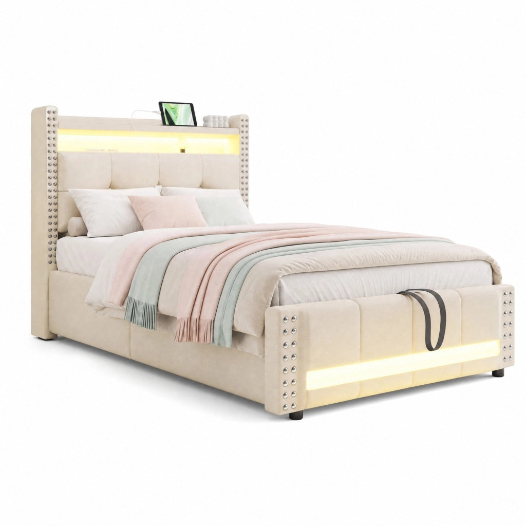 Letto singolo imbottito per bambini 90x200 cm con LED; USB e contenitore idraulico; beige