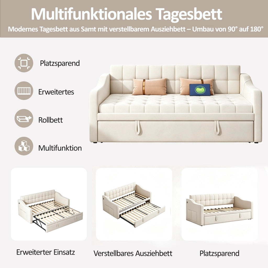 Letto divano estraibile singolo 90 × 190 cm con USB, tessuto velluto, senza materasso, beige per camera ospiti