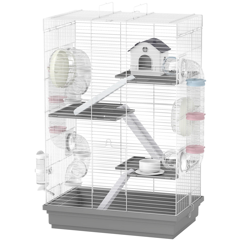Gabbia per Criceti a 4 Livelli e 16 Tubi con Casetta, Rampa, e Accessori, in Metallo e Plastica, 47x30x70 cm, Grigio