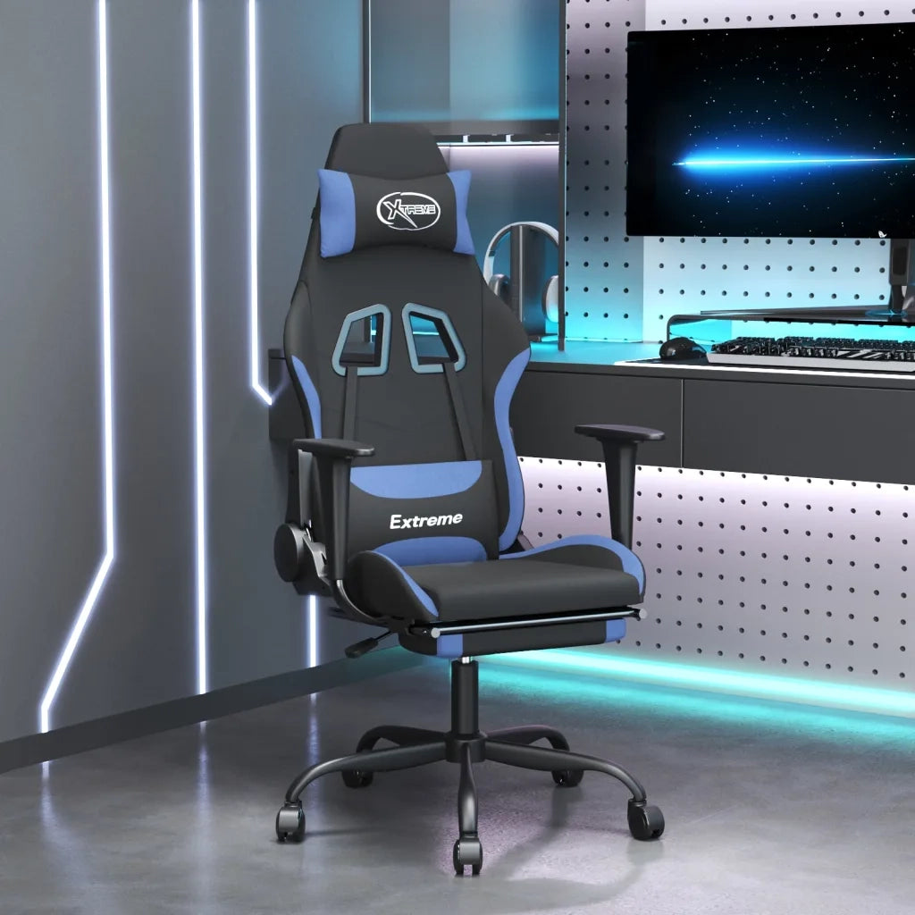 Sedia da Gaming | Sedia da e-sports Massaggio e Poggiapiedi in Tessuto Nero e Blu