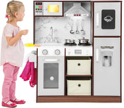 Cucina Giocattolo per Bambini, Cucina Legno per Bambini con Frigorifero, Macchina del Ghiaccio, Forno, Microonde, Lavello e Rubinetto, Funzione Luci e Suoni, per Bambini 3 Anni+