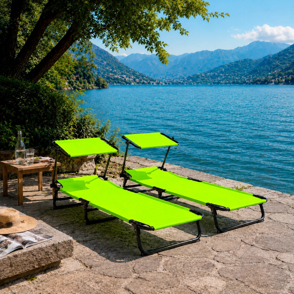 Set 2 Lettini Mare Pieghevoli Con Tettuccio Parasole Regolabile Schienale Reclinabile Sdraio Struttura In Acciaio Traspirante Ideali Per Spiaggia Giardino Campeggio Relax Estivo 24 x 187 x 53 Cm Verde Fluo