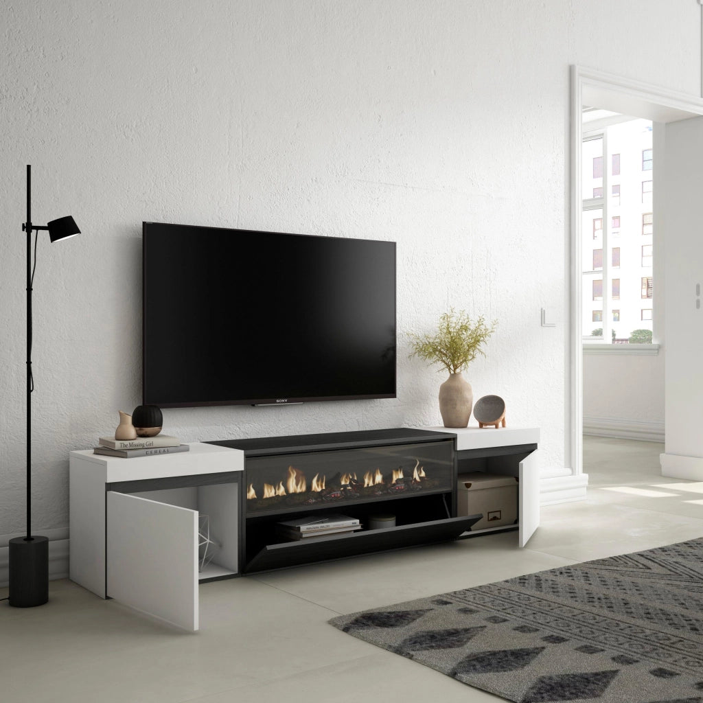 Mobile TV, 200x35x45cm, soggiorno, Per TV fino a 80", Camino elettrico, Bianco e nero RF2169