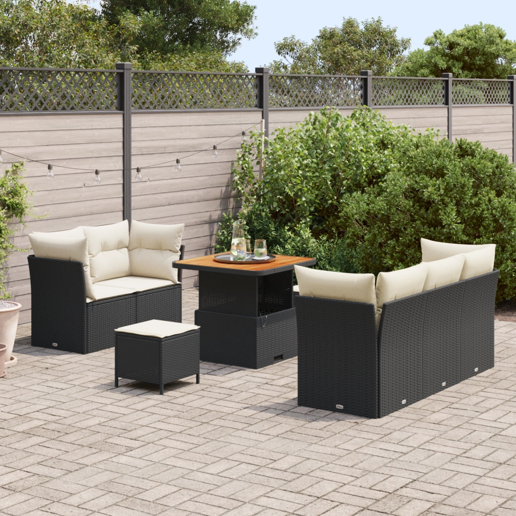 Set Divano da Giardino in 8 Pezzi con Cuscini Nero Polyrattan Acacia