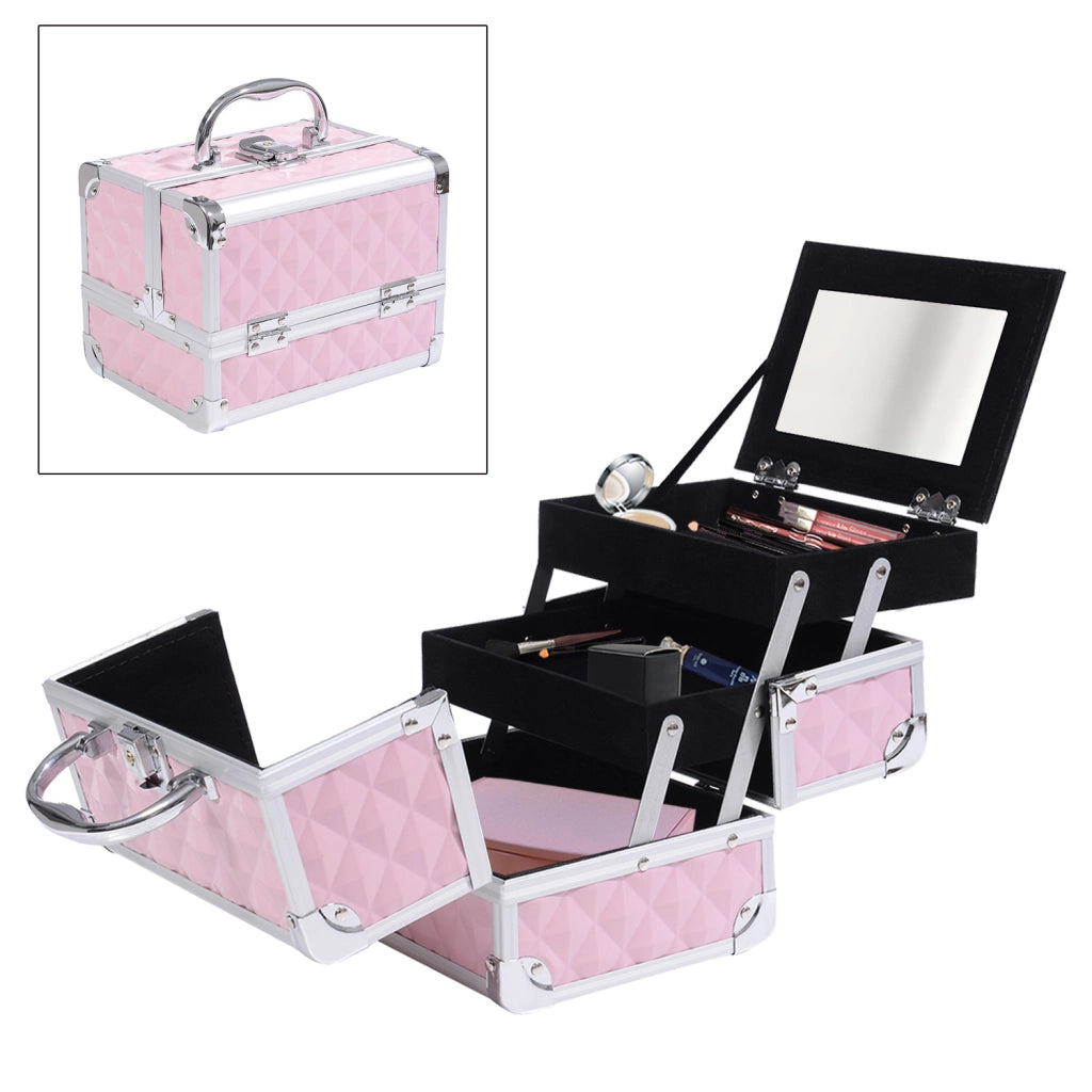 Mallette trucco 3 livelli con specchio e serratura ¨C zephmum ¨C rosa 20x15x15 cm