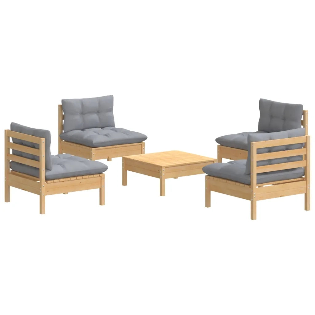 Set Divani da Giardino 5 pz con Cuscini Grigi Massello di Pino 3096033