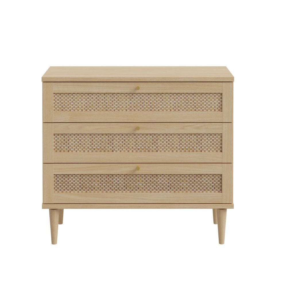 Cassettiera Livia 3 cassetti in rovere con dettagli effetto Rattan 90.4x41.4x80H