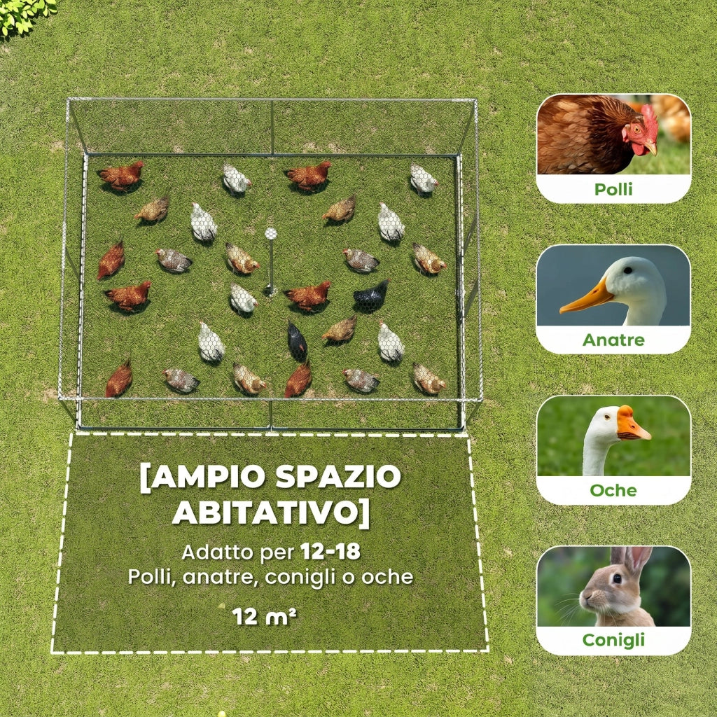 Pollaio per Galline da Esterno con Porta e Doppi Serratura, in Acciaio Zincato, 4x3x2 m, Argento