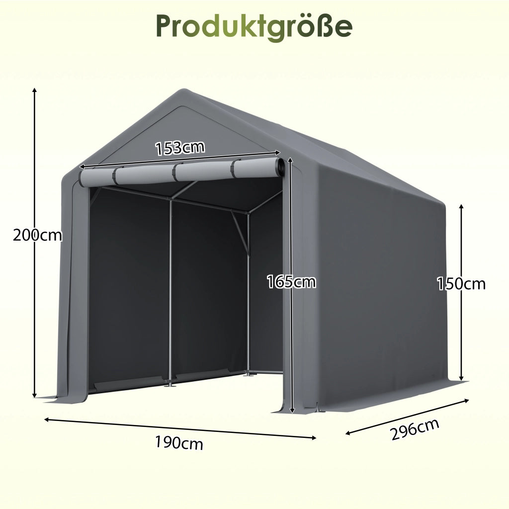 Garage Da Giardino – Struttura Robusta – 296x190x200 Cm – Acciaio Zincato – Grigio Scuro – Deposito Esterno Multiuso – Telo Impermeabile