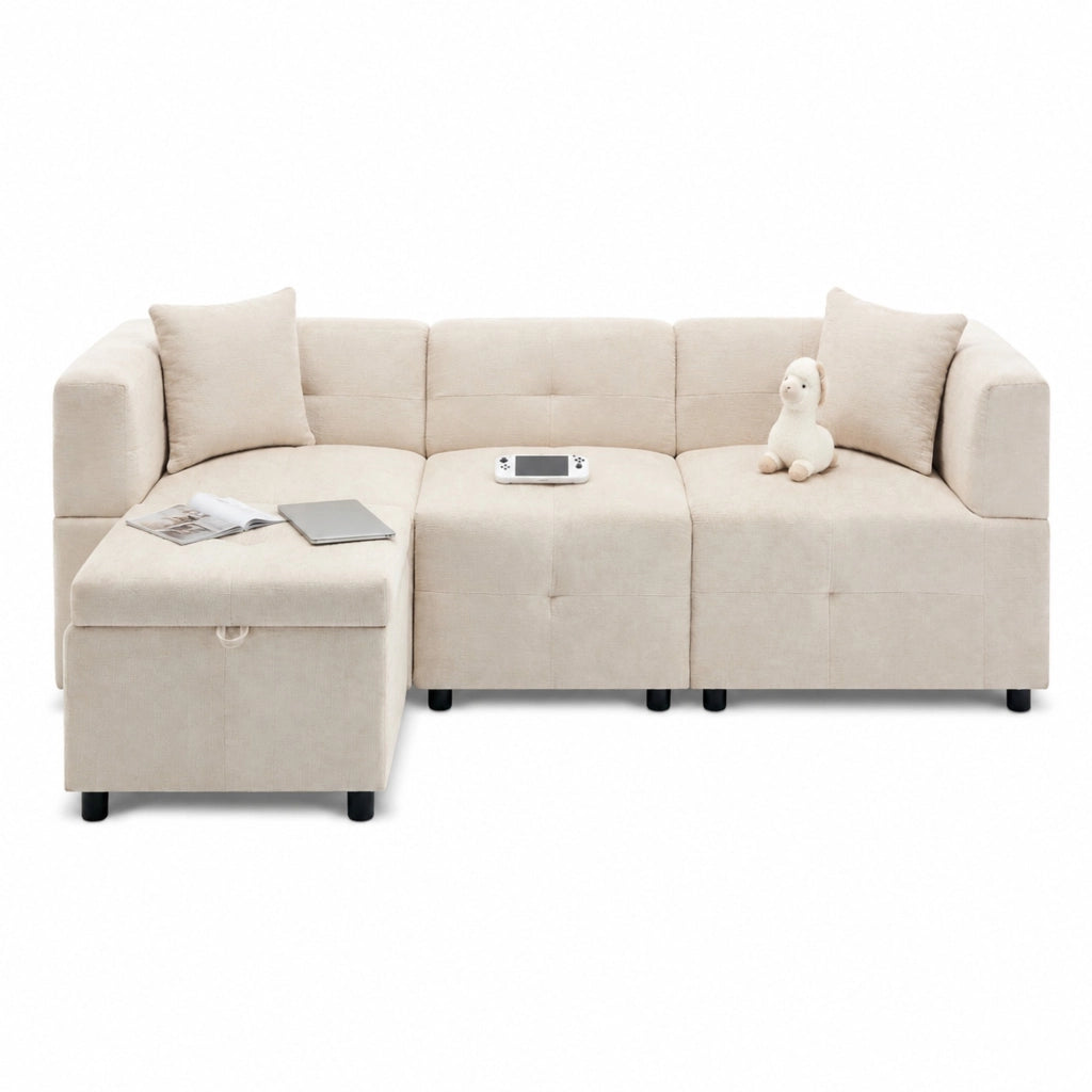 Divano modulare 3 posti in ciniglia beige con pouf contenitore e 2 cuscini HOMVRA