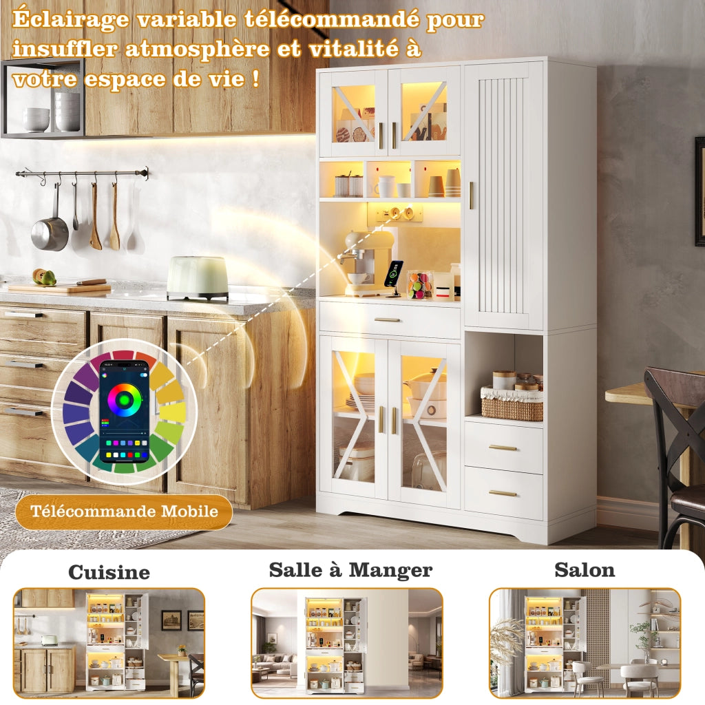 Credenza con LED a colori e prese, ante in vetro e ripiani regolabili, per cucina e soggiorno, bianca 185 × 105 × 40 cm