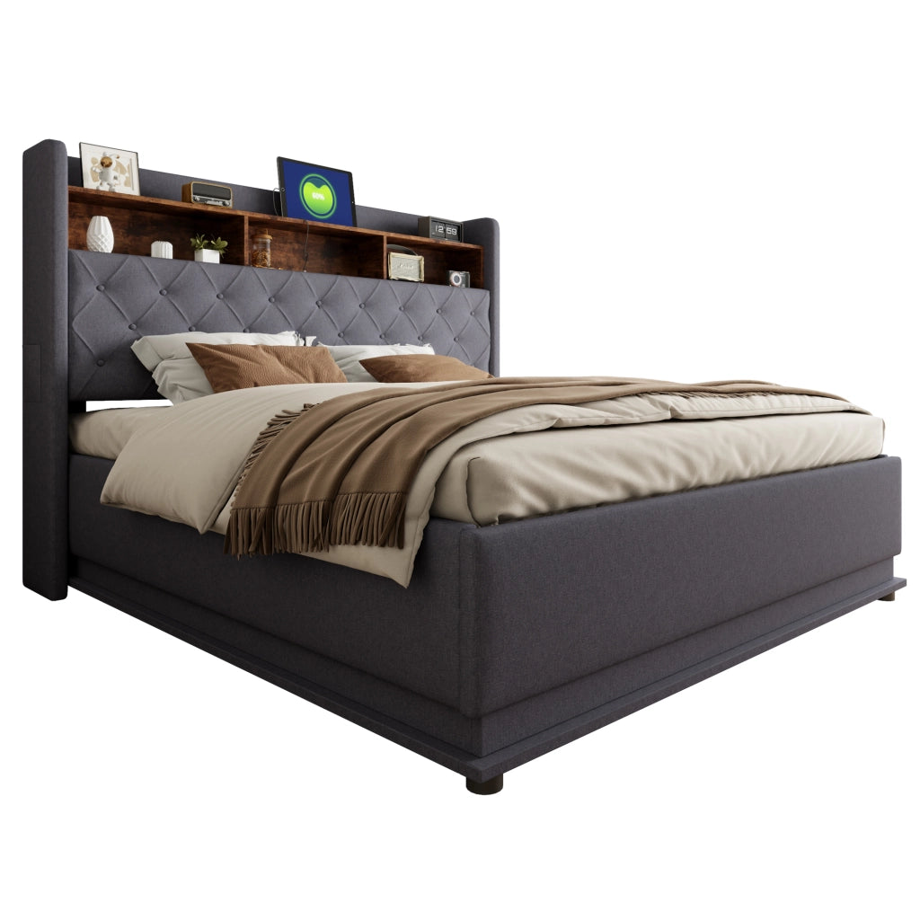 Letti contenitori 180x200 cm con LED multicolore e USB; lino; grigio