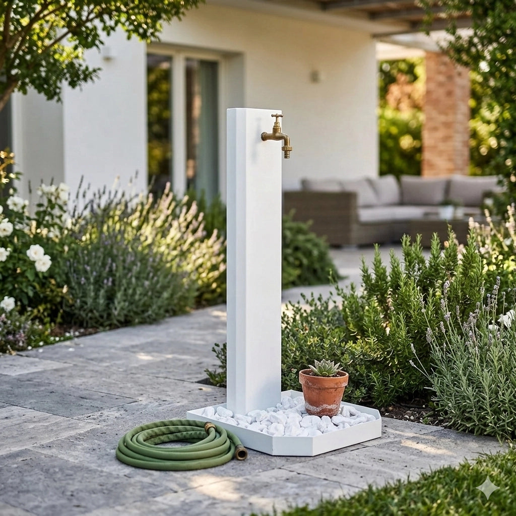 Fontana da Giardino con Rubinetto in Ottone e Base con Ciottoli 40x40x100 cm in Acciaio Bianco
