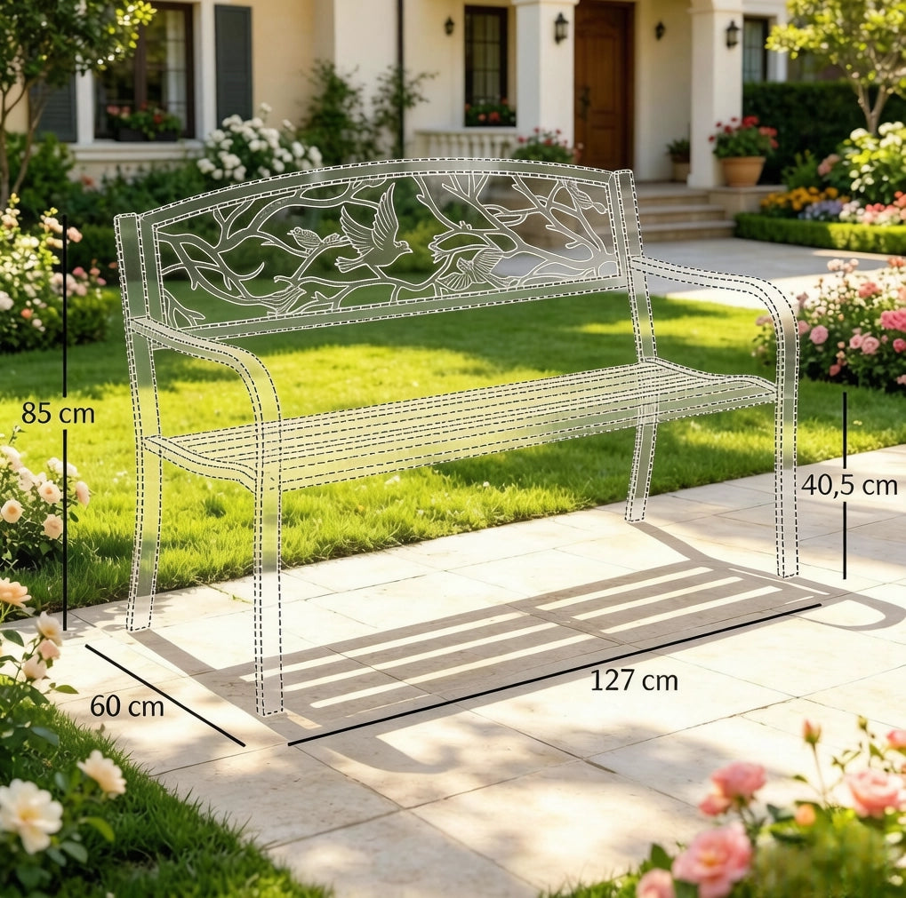 Panchina da giardino in metallo nero 127x60x85 cm; con schienale decorato