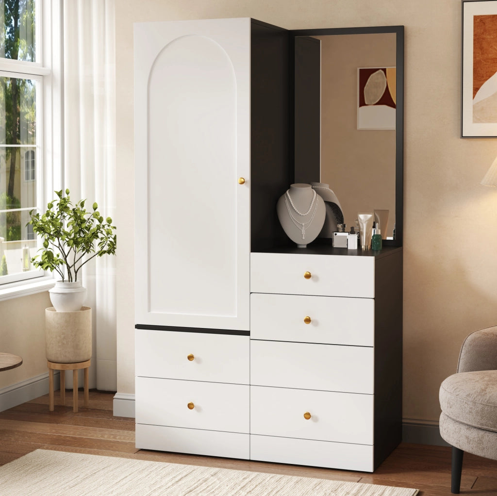 Armadio con specchio intero; sgabello estraibile e 4 cassetti in MDF; nero e bianco