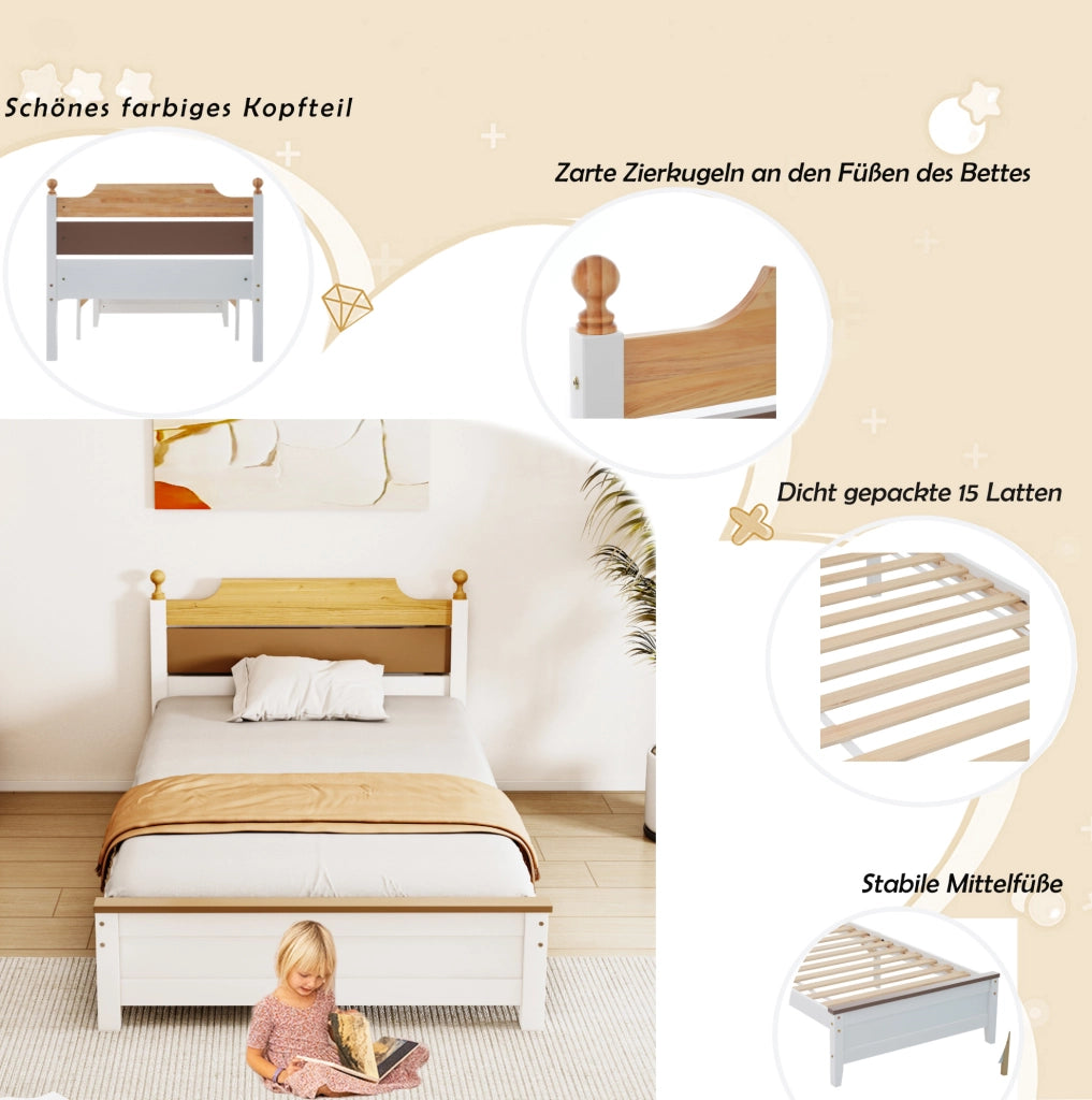 Letto singolo in legno con testiera a contrasto e 15 doghe