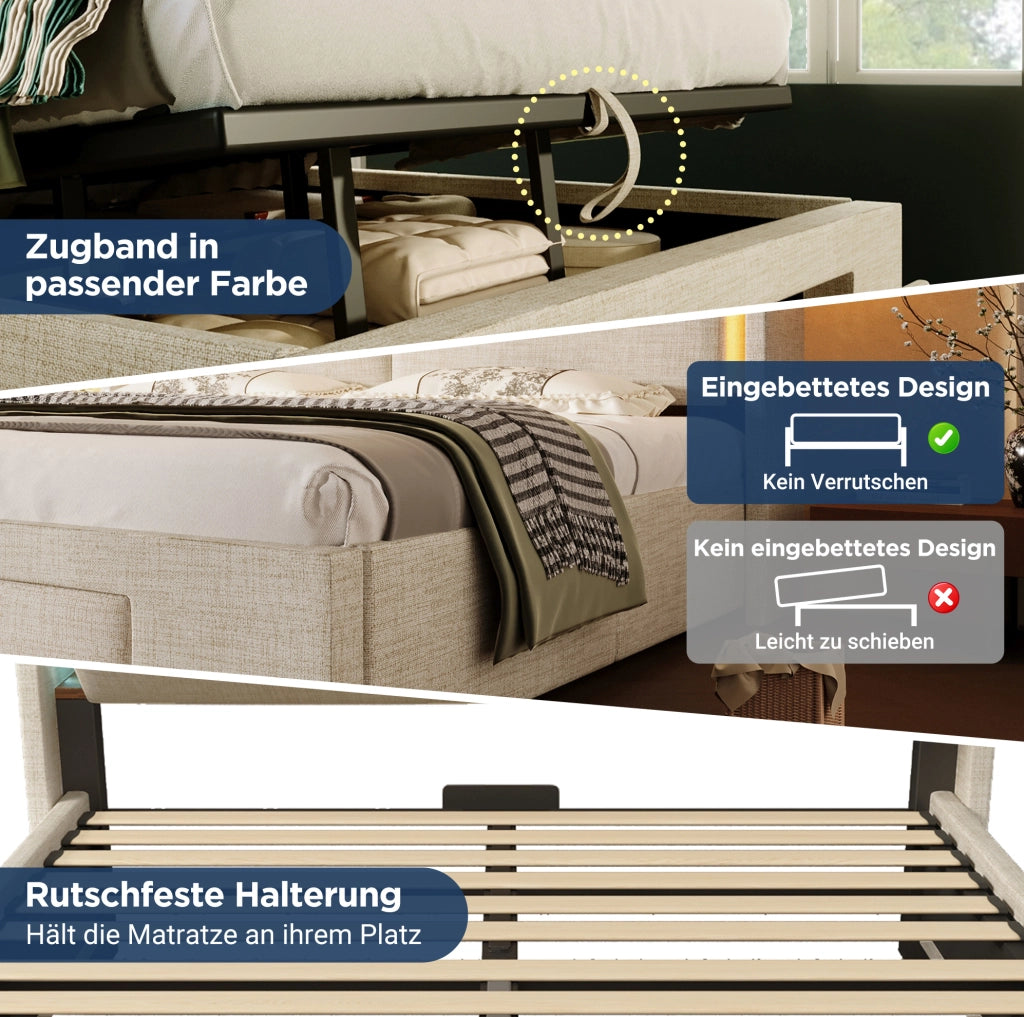 Letto matrimoniale 140x200 cm imbottito con contenitore idraulico; LED; USB e materasso; beige