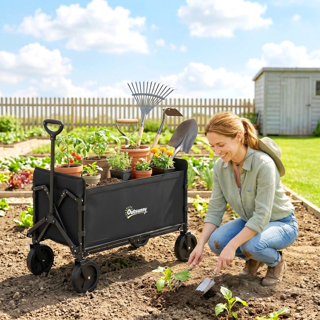 Carrello da Giardino da 180L Pieghevole con Pannello Apribile, in Acciaio e Poliestere, 90x48x62 cm, Nero