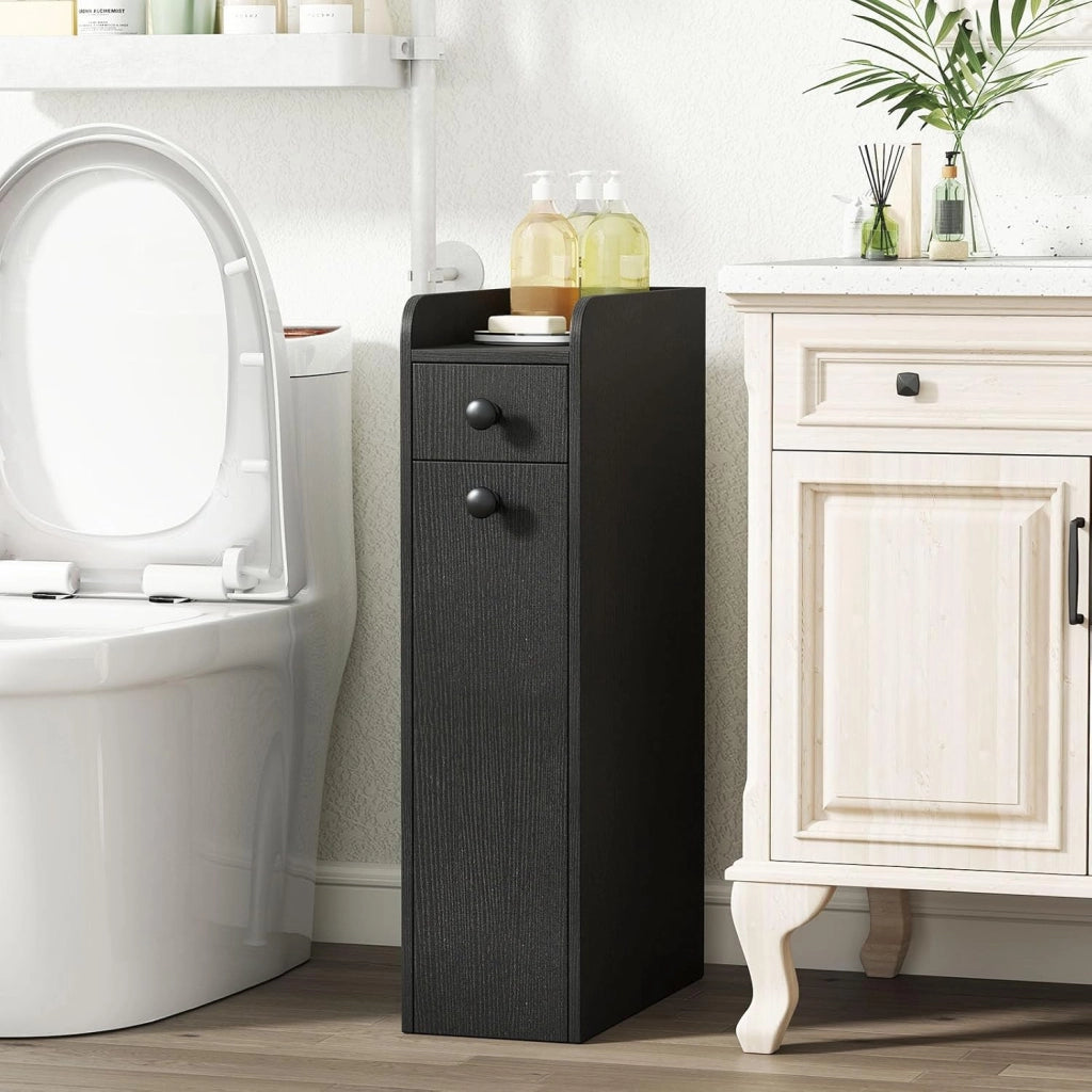 Mobile da Bagno Piccolo, Mobiletto Salvaspazio Stretto con 2 Cassetti e 2 Ruote Girevoli, Credenza Sottile da Terra Autoportante per Bagno, Cucina e Ufficio, 40 x 18 x 70 cm (Nero)