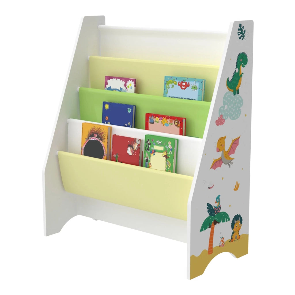 Libreria di design Fisterra per soggiorno mensola in stile originale per bambini con 4 scomparti aperti bianco/verde/giallo 03_0006479