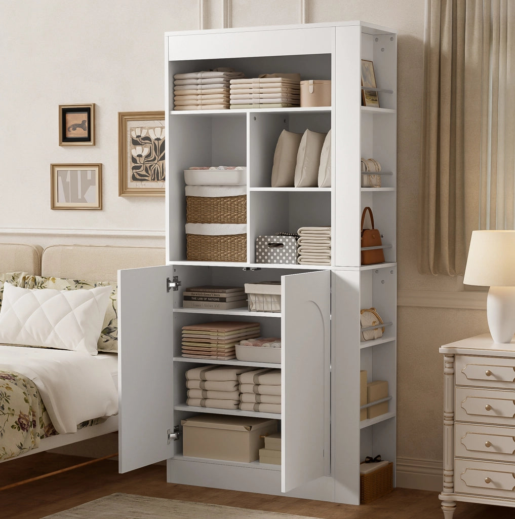 Mobile alto ULEVR 85x35x180 cm con 2 ante, ripiani aperti e ripiani laterali, bianco