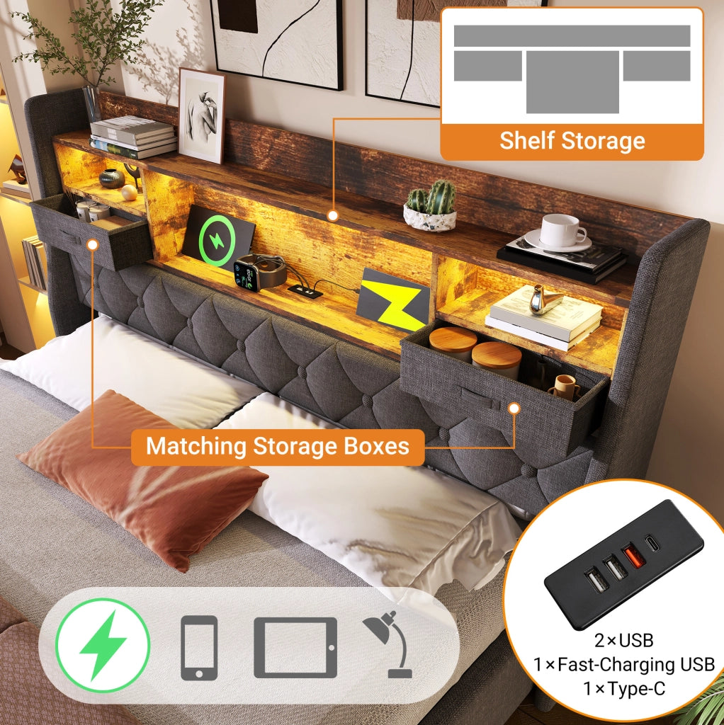 Letto 140x200 cm in lino grigio con contenitore， LED e USB， senza materasso