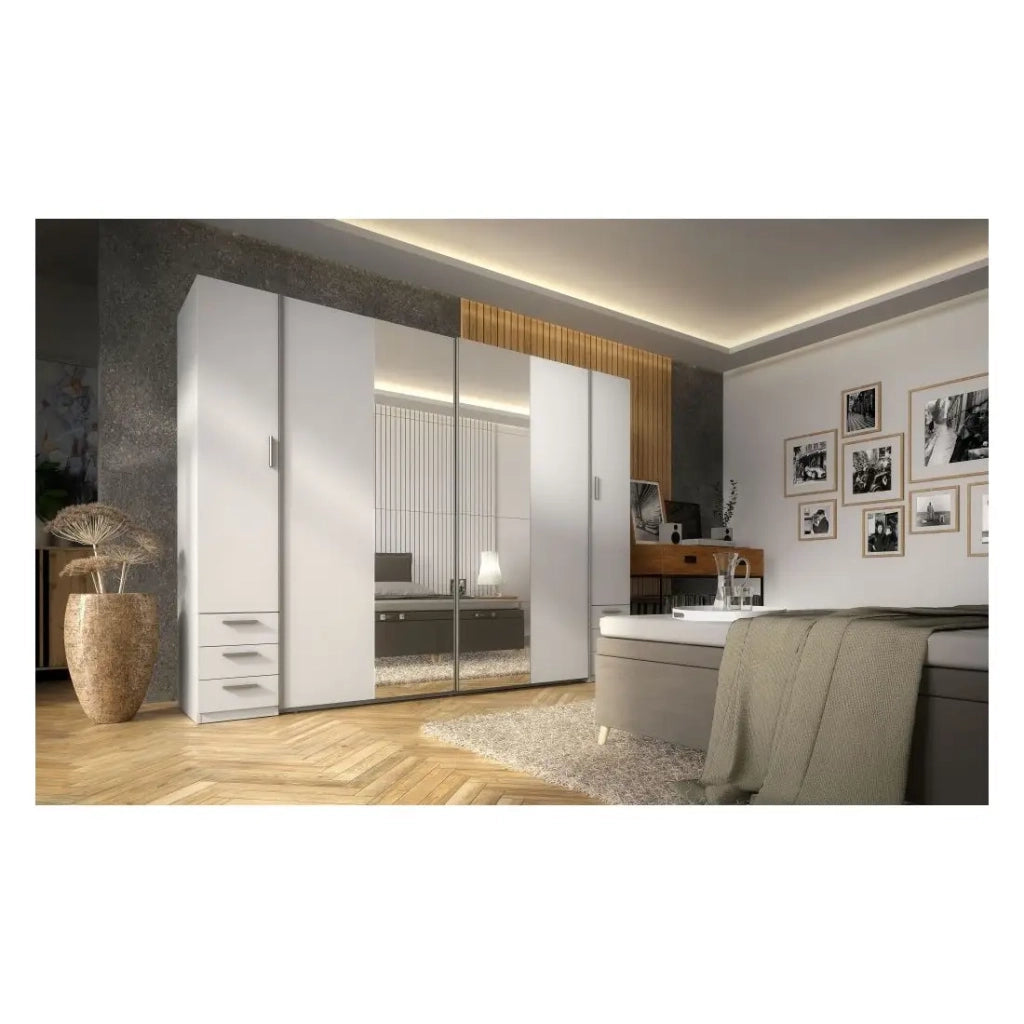 Armadio 4 porte con specchio e 6 cassetti – STAR – Bianco – L264 cm