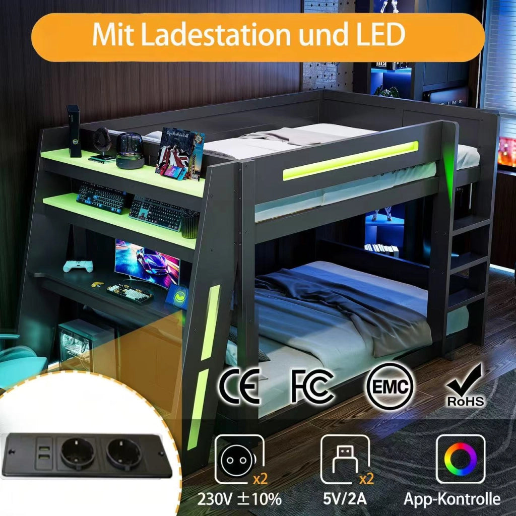 DESMIU Letto a castello 140 × 200 cm 2 posti con scrivania, USB, LED e ripiani, senza materasso, in legno e MDF, nero