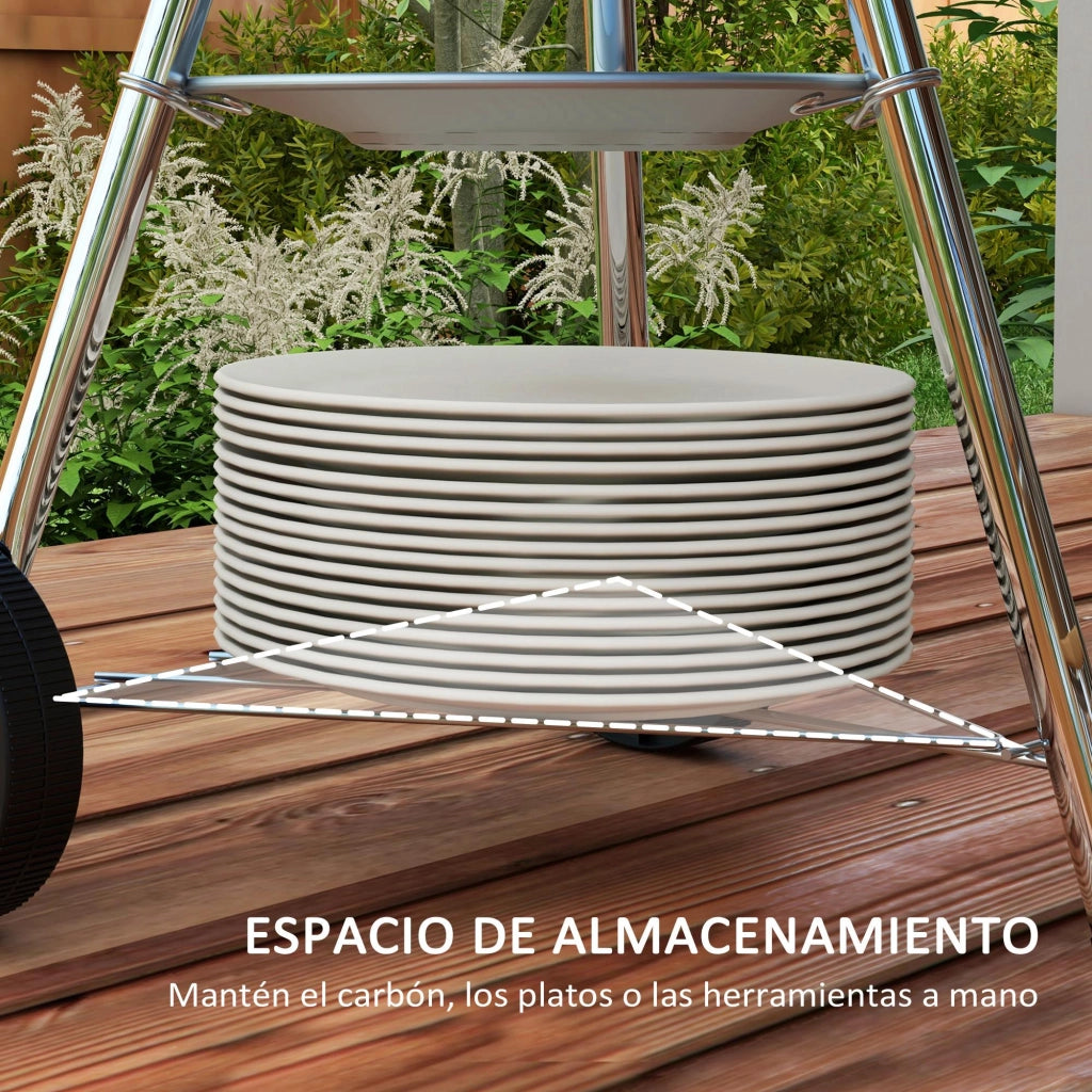 Barbecue a Carbone con Ruote Griglia Portatile Coperchio e Ciotola Smaltati Manici in Legno 48x56x85cm ¨C Zephmum ¨C Grigio