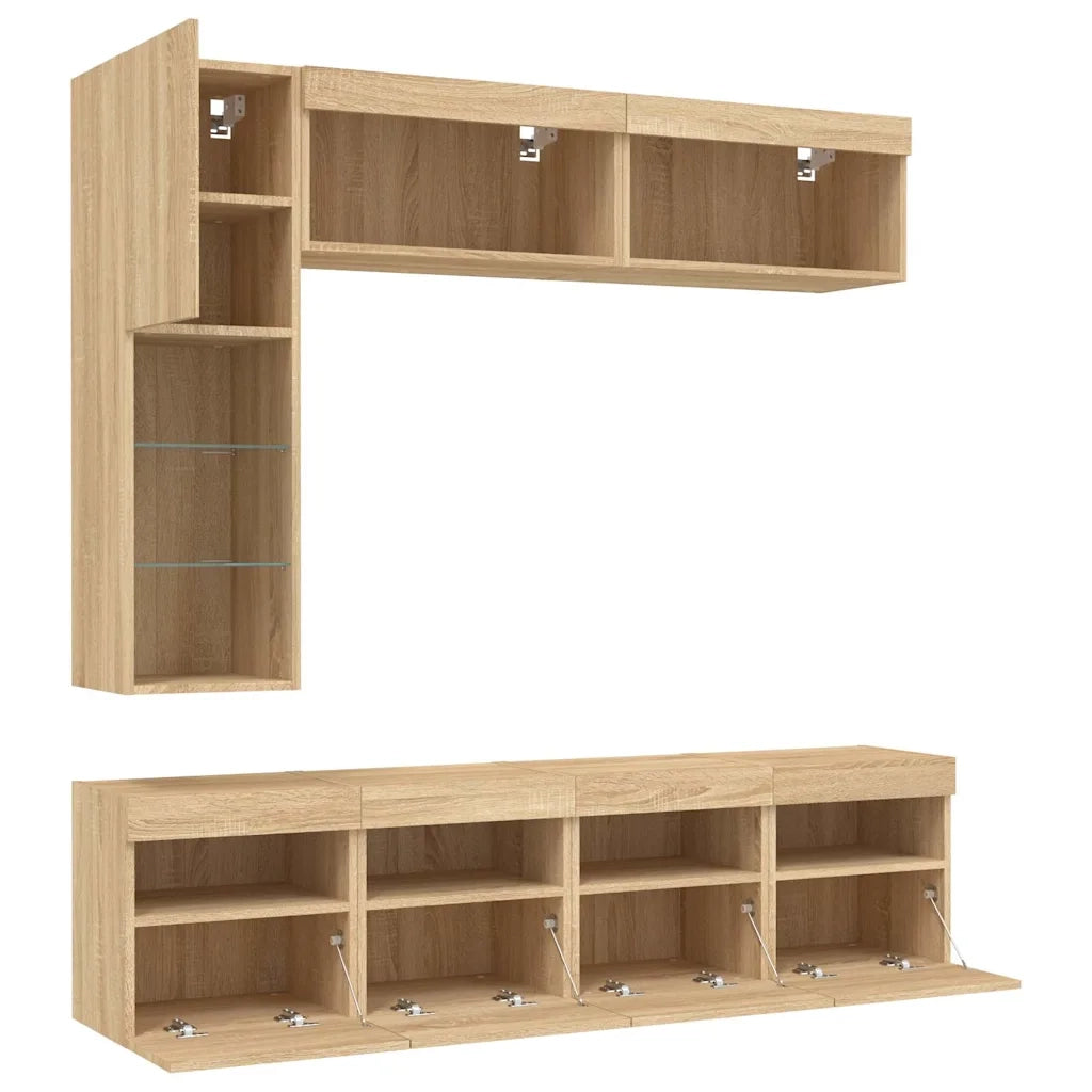 Set Mobili TV a Muro 7 pz-Credenza per TV con Luci LED Rovere Sonoma