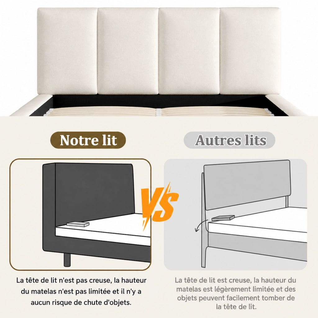 Letto matrimoniale 180x200 cm in chenille beige con testiera imbottita e rete a doghe