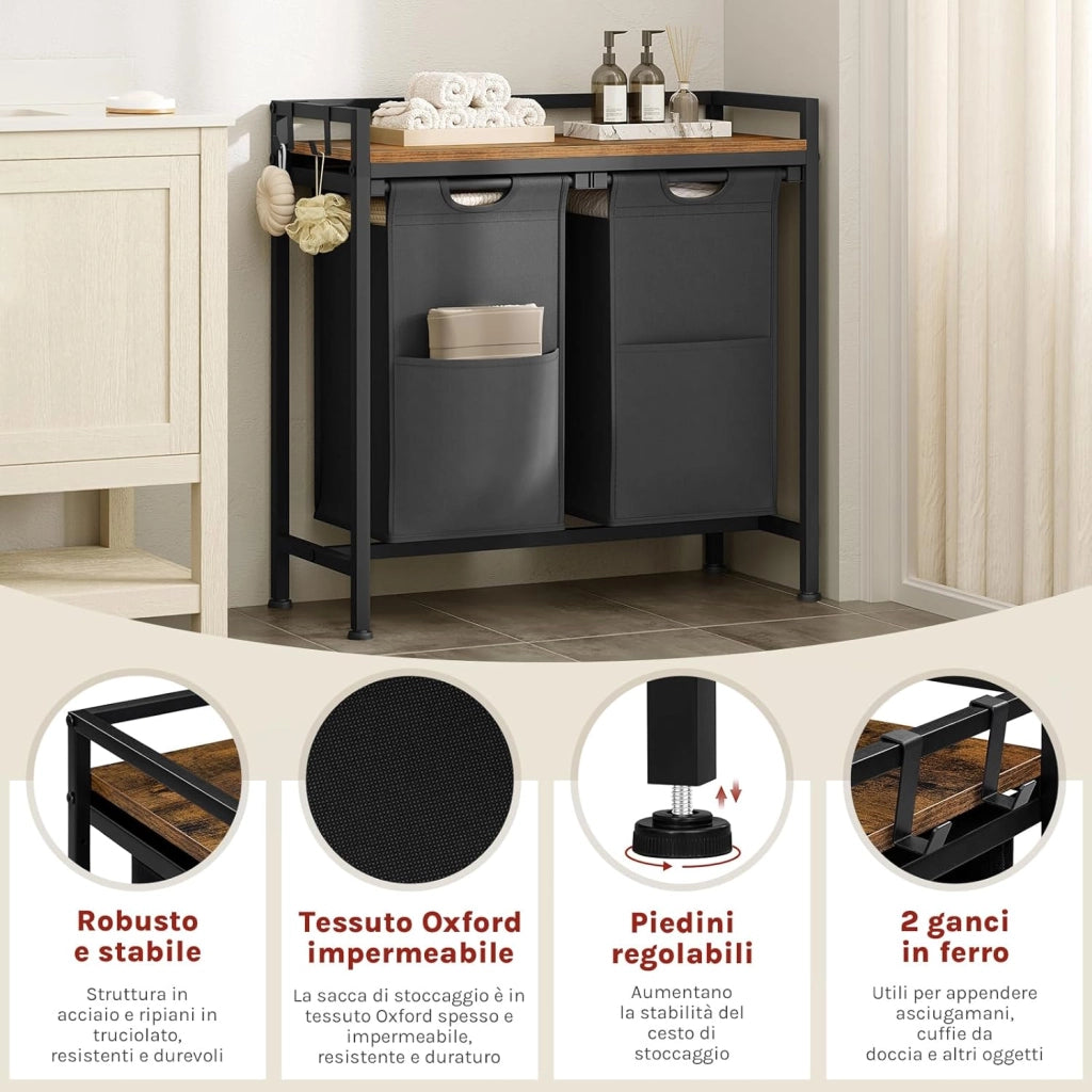 Cesta Biancheria a 2 Scomparti, Cestino Biancheria Sporca con Struttura in Metallo, Sacco per Bucato Rimovibile in Tessuto Oxford, Capacità 40L per Cesto, Nero
