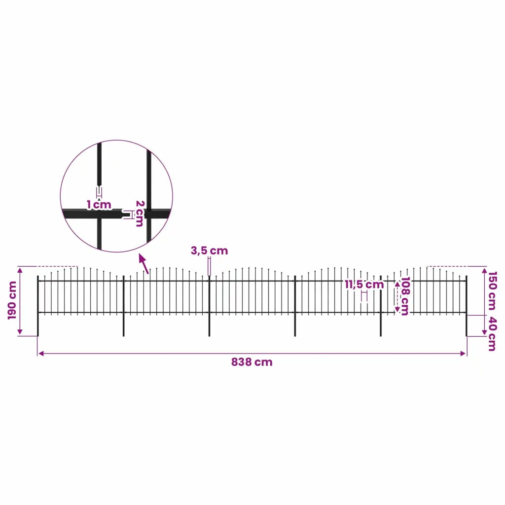 Recinzione da Giardino con Punta a Lancia in Acciaio 838x150 cm Nero 277734