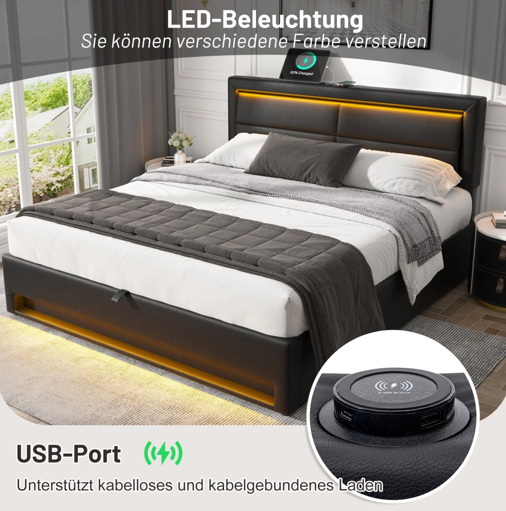 Letto imbottito nero 140 x 200 cm con USB, LED e vano contenitore