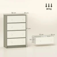 Cassettiera 4 Cassetti Pieghevoli con Maniglie Doppie, in Legno, Acciaio e Tessuto, 58x30x91 cm, Bianco e Grigio
