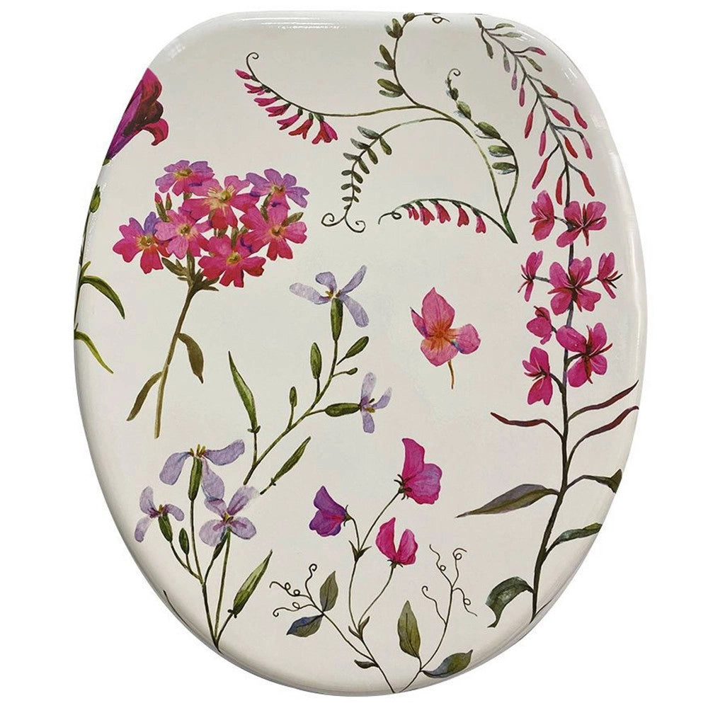 Trade Shop - Copriwater Sedile Wc Bagno In Mdf Universale Cerniere Acciaio Bianco Fiori 59123 -        3,5
