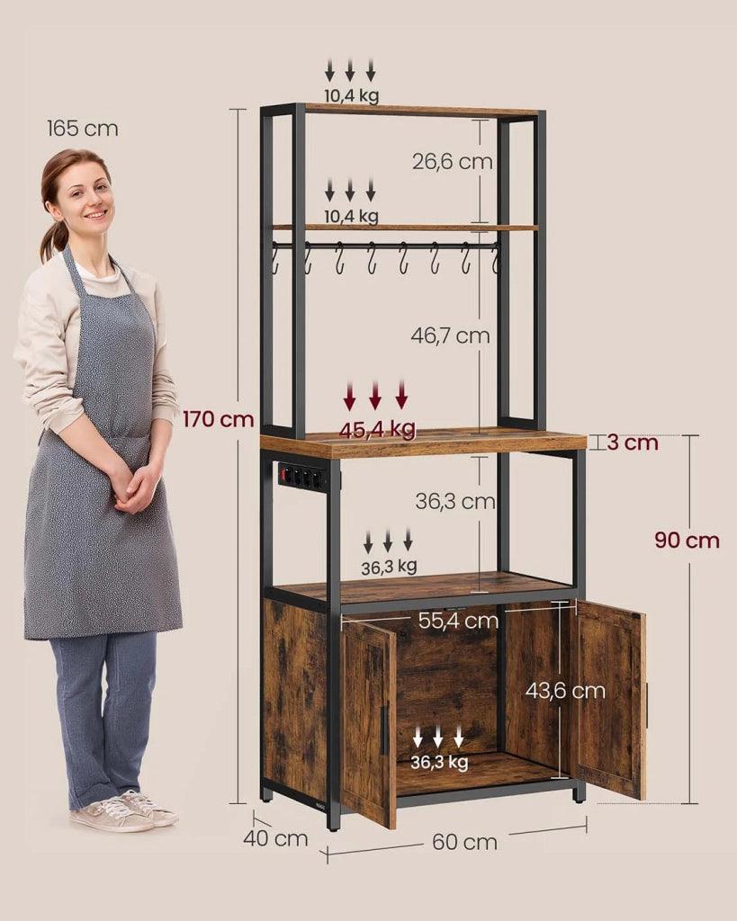 Mensola da cucina con multipresa bar con piano di lavoro 40 x 60 x 170 cm di altezza supporto per microonde con 8 ganci marrone 12_0007995