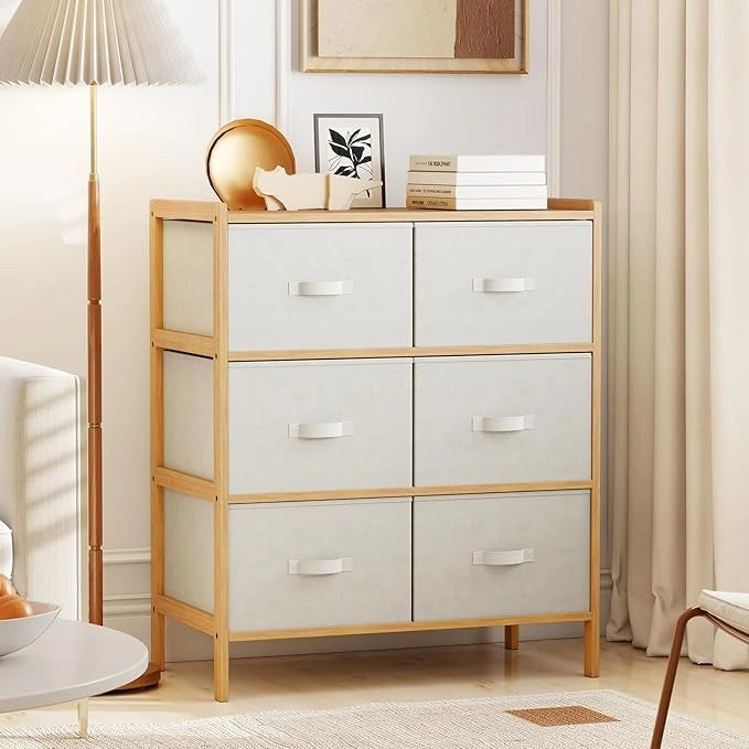 Cassettiera a 6 Cassetti in Bambù, Torre di Stoccaggio con Cassetti in Tessuto Pieghevoli e Ripiano Superiore, Organizzatore Verticale per Soggiorno Corridoio, 66x35x78,5 cm